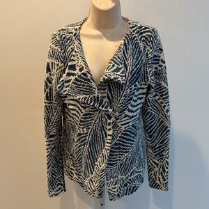 Peruvian Connection Blue White Cardigan Women Size S Tropical Leaf New